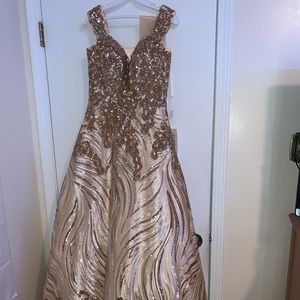 Eureka gold off the shoulder formal dress